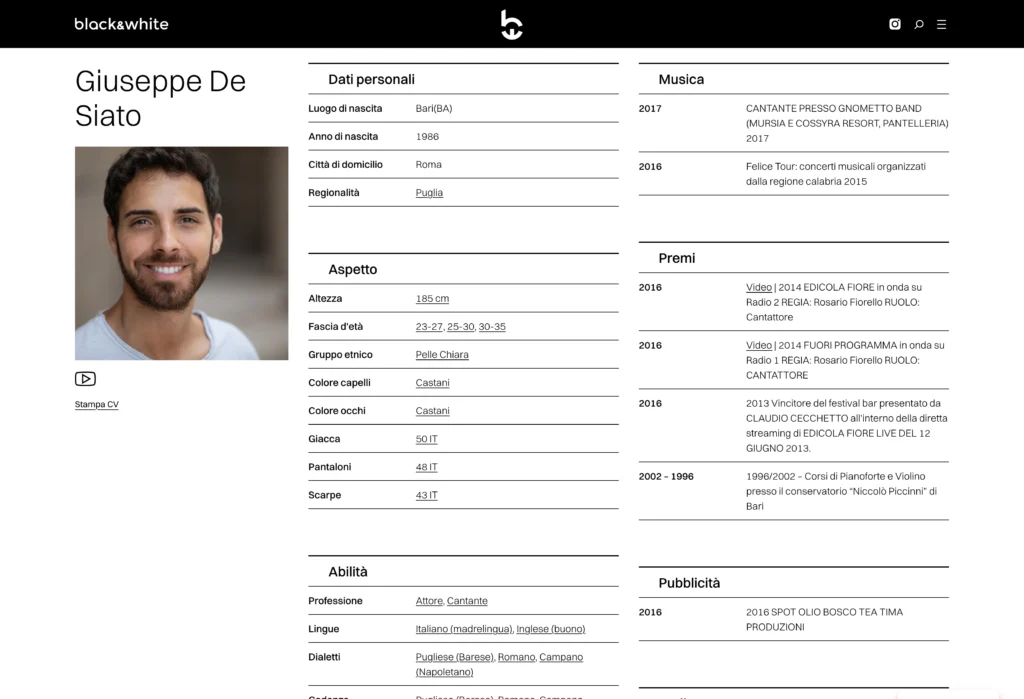 Black and white – actor page info