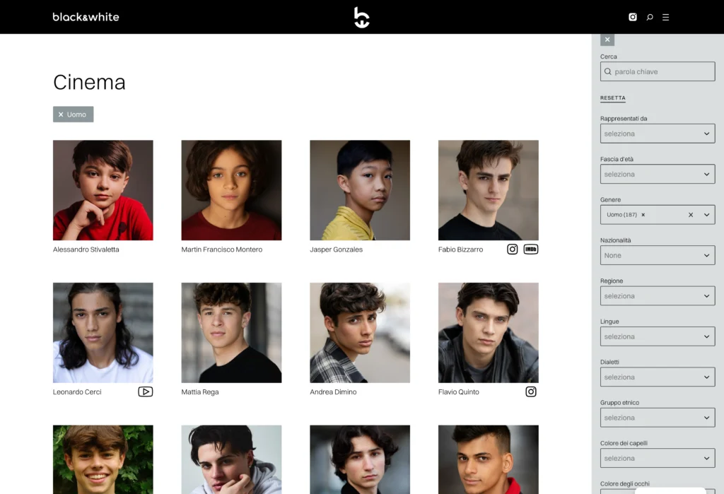 Black and white – actors page filtered – opened filters