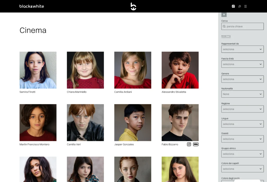 Black and white – actors page opened filters